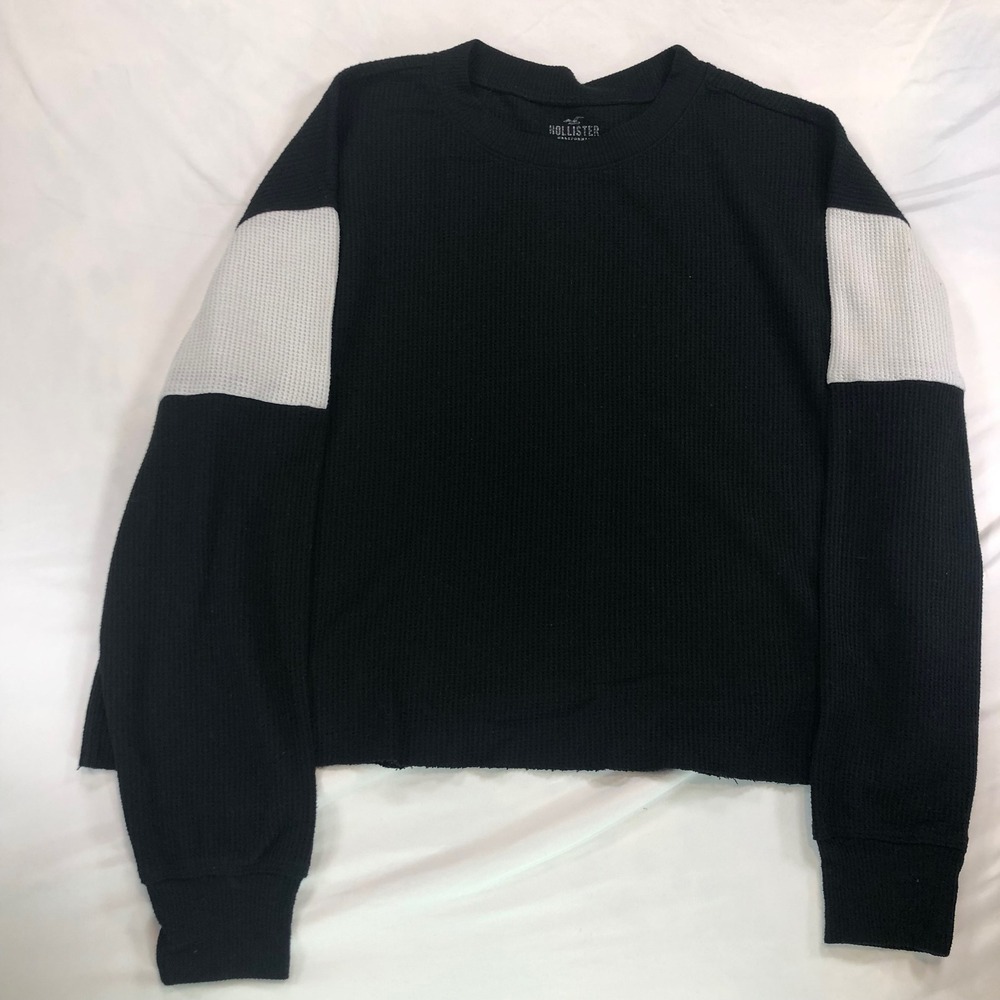 Hollister Boyfriend Tee Waffle Knit Thermal Colorblock Long Sleeve Black Grey S
